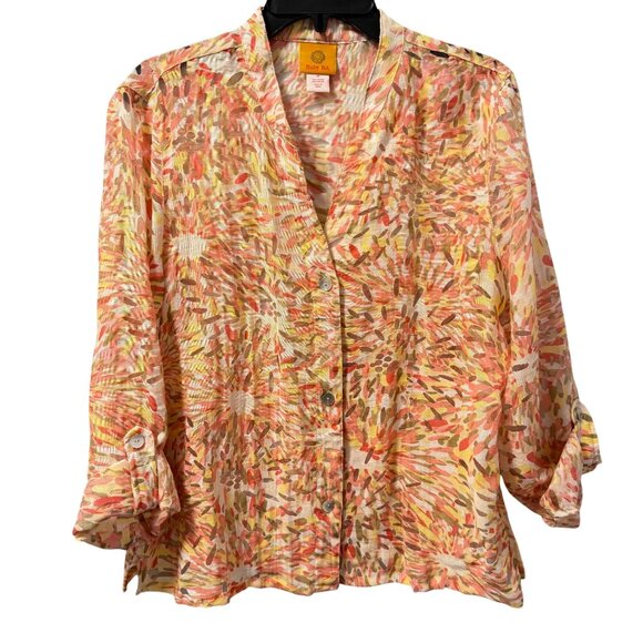 Ruby Rd. Button-Up Lightweight Blouse Size 14 Abstract Print Orange & Yellow - Picture 2 of 12